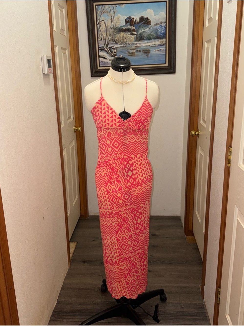Cherish Coral Pink Geometric Spaghetti-Strap Maxi Dress